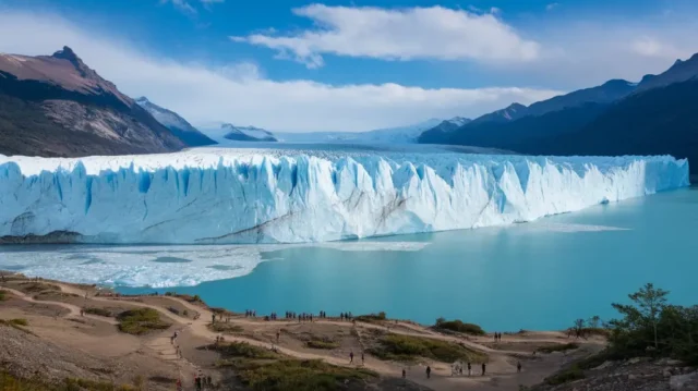 Wide-angle view of Perito Moreno Glacier with tourists walking along trails and vivid ice walls in the background.