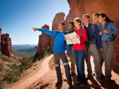 Sedona’s Best Hikes: A Trail Guide for Every Hiker Diverse hikers on a panoramic Sedona red rock overlook with trails visible below, symbolizing a comprehensive trail guide to Sedona's best hikes.