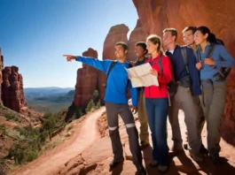 Diverse hikers on a panoramic Sedona red rock overlook with trails visible below, symbolizing a comprehensive trail guide to Sedona's best hikes.