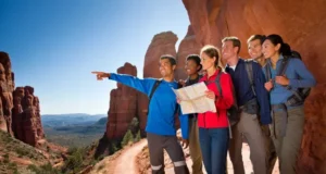 Sedona’s Best Hikes: A Trail Guide for Every Hiker Diverse hikers on a panoramic Sedona red rock overlook with trails visible below, symbolizing a comprehensive trail guide to Sedona's best hikes.
