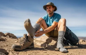 Smartwool vs Rivals: 100-Mile Hiking Sock Lab Results A full-body shot of a hiker sitting on a rock on a mountain trail, examining their wool hiking sock.