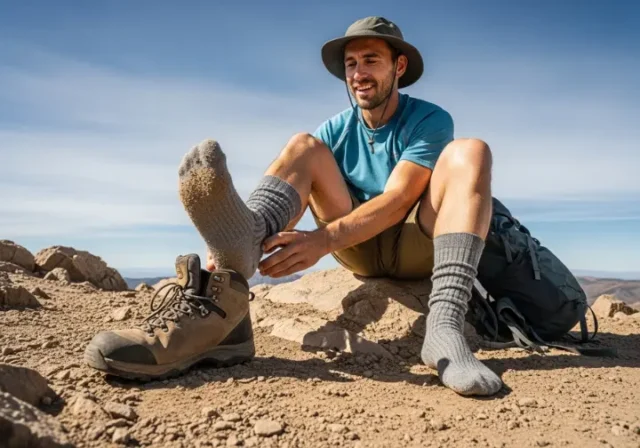 00 smartwool-vs-rivals-hiking-sock-results A full-body shot of a hiker sitting on a rock on a mountain trail, examining their wool hiking sock.