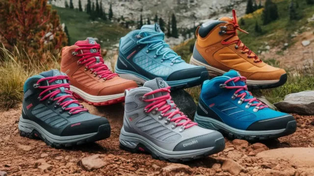 A selection of top female walking boots on a hiking trail, showcasing different styles and designs for outdoor adventures.