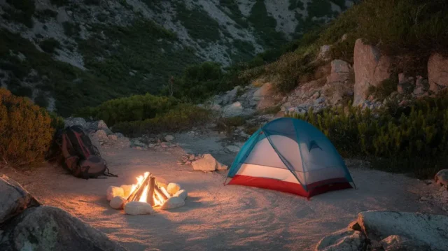 Lightweight and durable tent set up on a mountain trail, ideal for backpacking adventures, with a glowing campfire and backpack nearby.