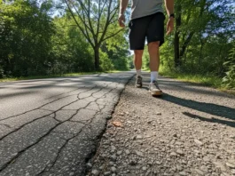 A full-body shot of a person walking on a path that transitions from city pavement to a gravel trail, testing sneakers.