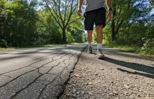 Best Sneaker for Walking: 10-Mile Trail-Edge Tested A full-body shot of a person walking on a path that transitions from city pavement to a gravel trail, testing sneakers.