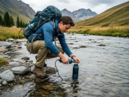 A hiker in full backpacking gear kneels by a mountain stream to filter water with a squeeze filter into a bottle.