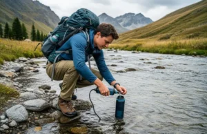 Water Filter Purifier Camping Guide: Field-Tested Picks 2025 A hiker in full backpacking gear kneels by a mountain stream to filter water with a squeeze filter into a bottle.