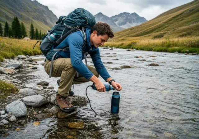 A hiker in full backpacking gear kneels by a mountain stream to filter water with a squeeze filter into a bottle.