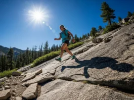 A full-body shot of a woman in a performance hiking shirt and backpack, hiking up a sunny, rocky mountain path.