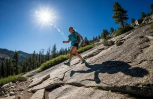 Best Hiking Shirts for Ladies: Trail-Tested Picks 2025 A full-body shot of a woman in a performance hiking shirt and backpack, hiking up a sunny, rocky mountain path.