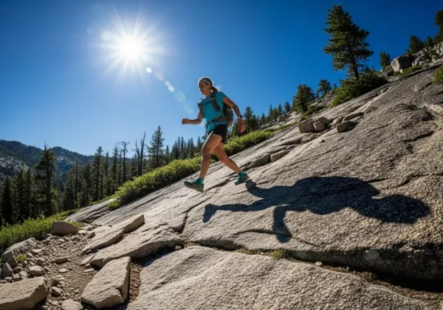 A full-body shot of a woman in a performance hiking shirt and backpack, hiking up a sunny, rocky mountain path.