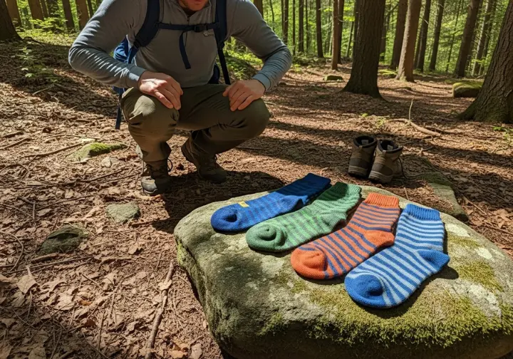 A full-body shot of a hiker crouching on a trail, comparing several pairs of wool hiking socks laid out on a rock.