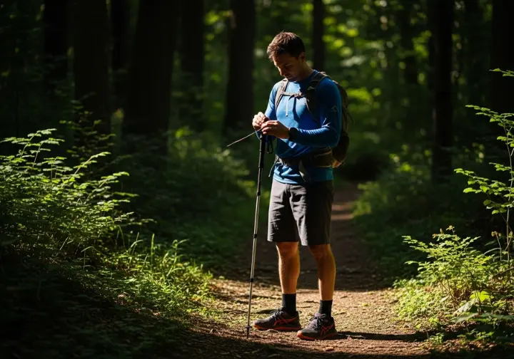 A lone hiker in full hiking attire stands on a forest trail, looking down to adjust their lightweight trekking pole.