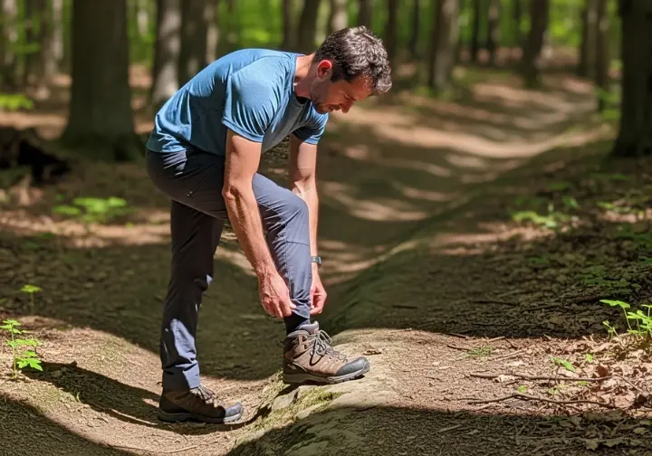 A full-body photograph of a hiker stopped on a forest trail, looking down to adjust the cuff of his hiking trousers.