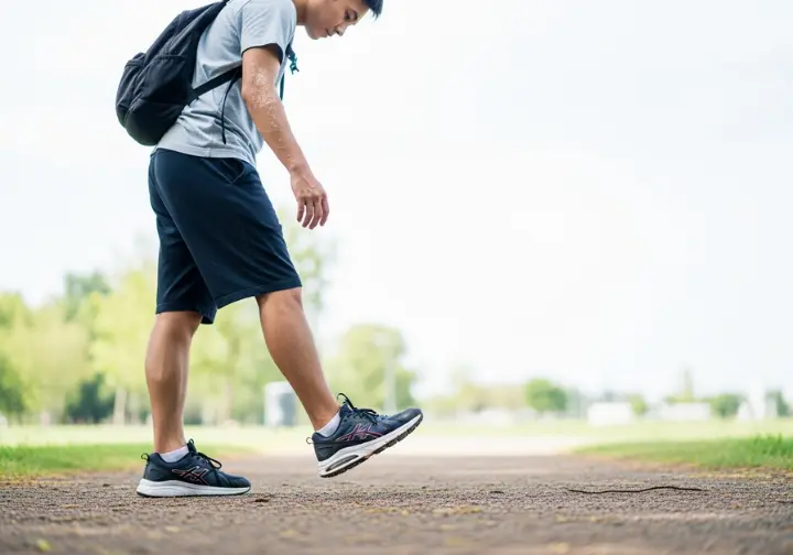 A full-body view of a walker who has stopped on a trail to look down and examine their sneaker.
