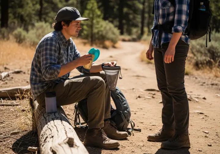 Two hikers in full gear take a break on a trail, one sitting on a log comparing two different types of water filters.