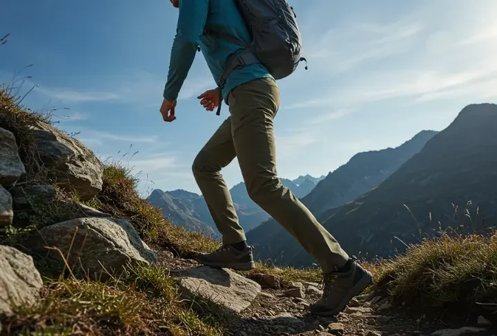 Man crushing trails in top 2025 men's hiking trousers, showing performance and mobility on a scenic path.