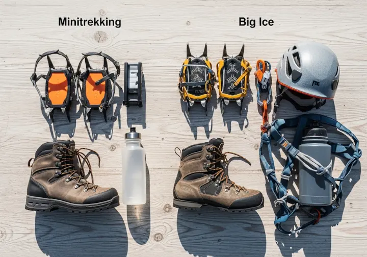Flat lay comparison of trekking gear for Minitrekking versus Big Ice, showing differences in crampons, boots, helmets, and harnesses for Perito Moreno glacier walks.
