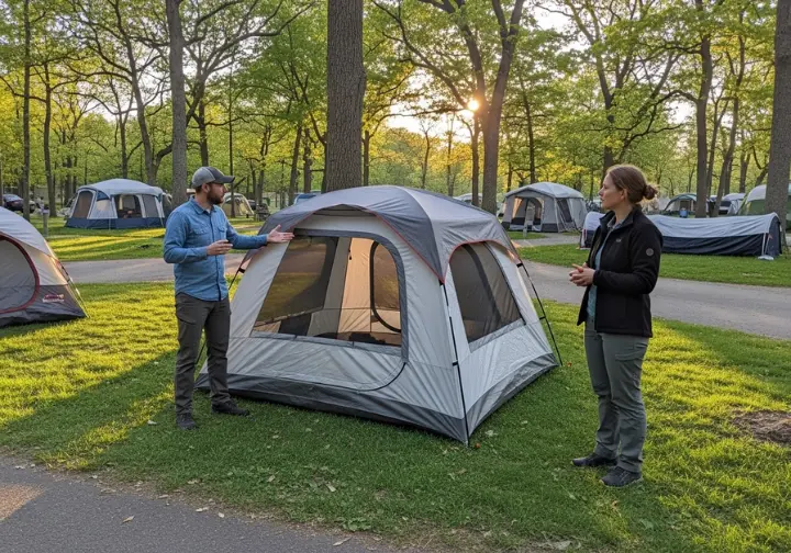 A full-body shot of two people at a car campsite, with one person pointing out the features of a large instant cabin tent to the other.