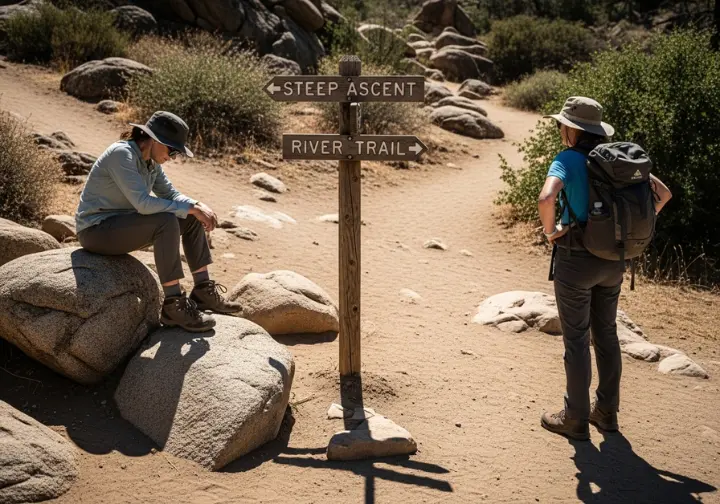 Two hikers in full gear pause at a trail fork, contemplating which path to take based on the terrain.