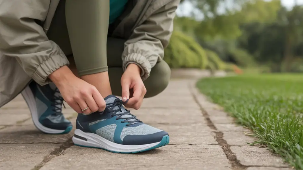 Close-up of a person tying supportive walking sneakers on a park trail, highlighting comfort and practicality for walking.  