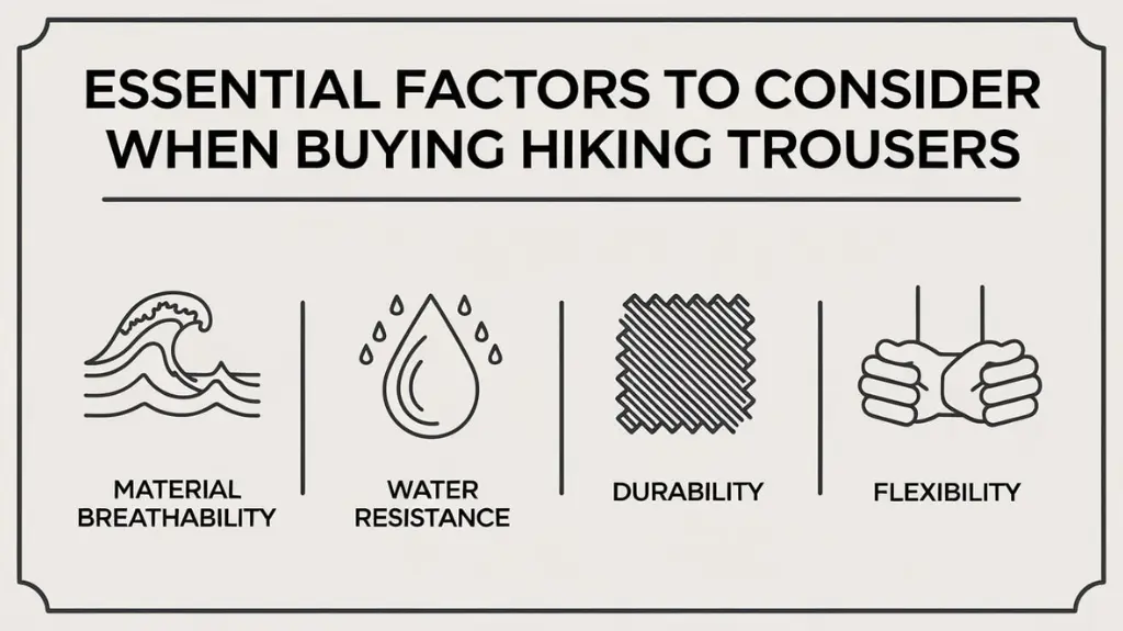 Infographic detailing key factors to consider when choosing hiking men's trousers, including breathability, water resistance, and durability.