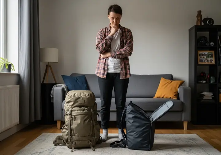 A full-body shot of a person looking down at a traditional hiking backpack and a travel-style backpack on the floor, deciding which one to choose.