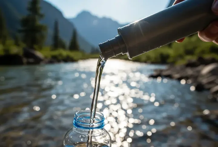 Pure thrill of water purifier filters camping: clean water flowing from a squeeze filter into a bottle by a stream.