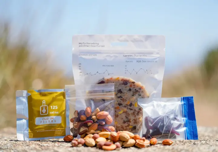 Close-up of high-calorie hiking food items like nuts and rehydrated meals, with a subtle overlay hinting at caloric density, representing the science of high-performance fuel for camping meals.