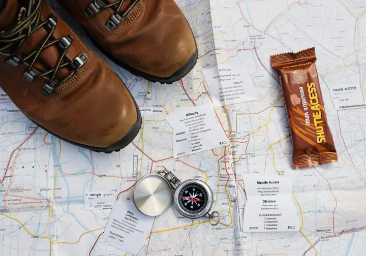 Flat lay of hiking essentials on a Sedona map with subtle data cards, illustrating an ultimate trail comparison for Sedona hikes at a glance.