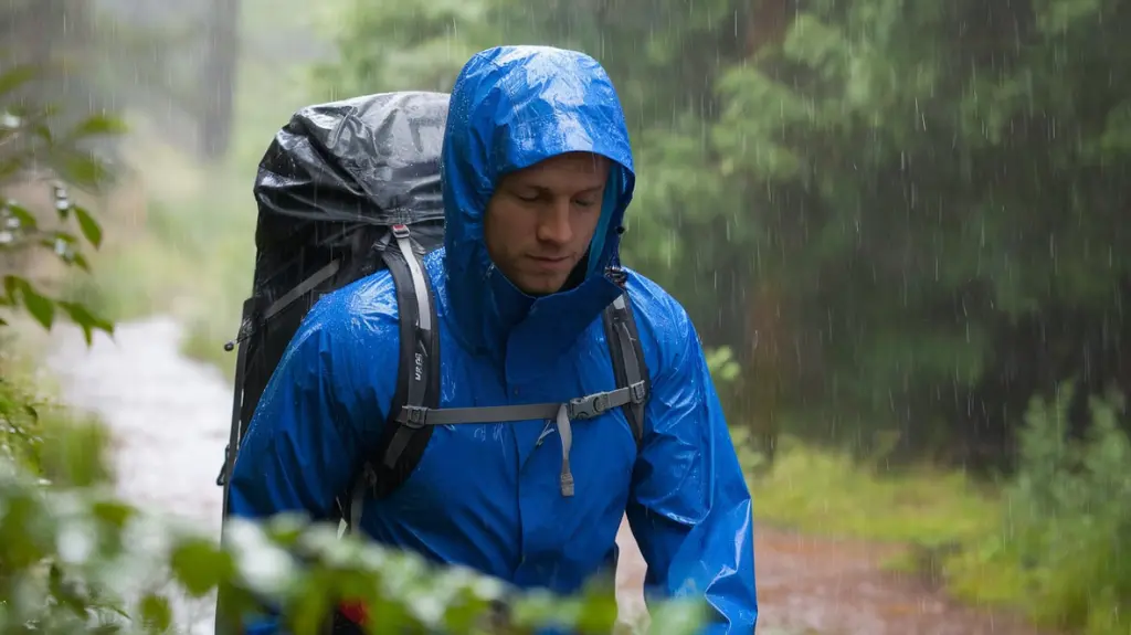 A male hiker wearing a waterproof rain jacket in the rain, demonstrating the importance of waterproof gear for hiking.