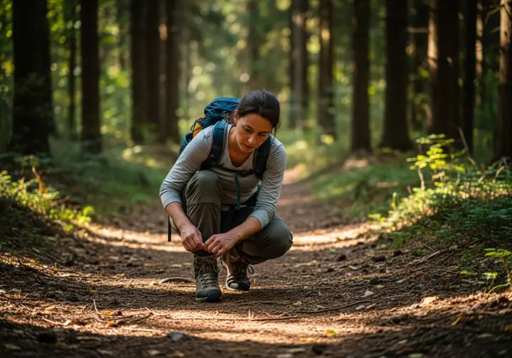 A full-body shot of a woman crouching on a forest trail to inspect her hiking boot closely.