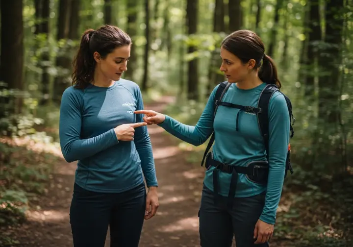 Full-body shot of two women hikers on a forest trail, with one explaining the features of her hiking shirt to the other.