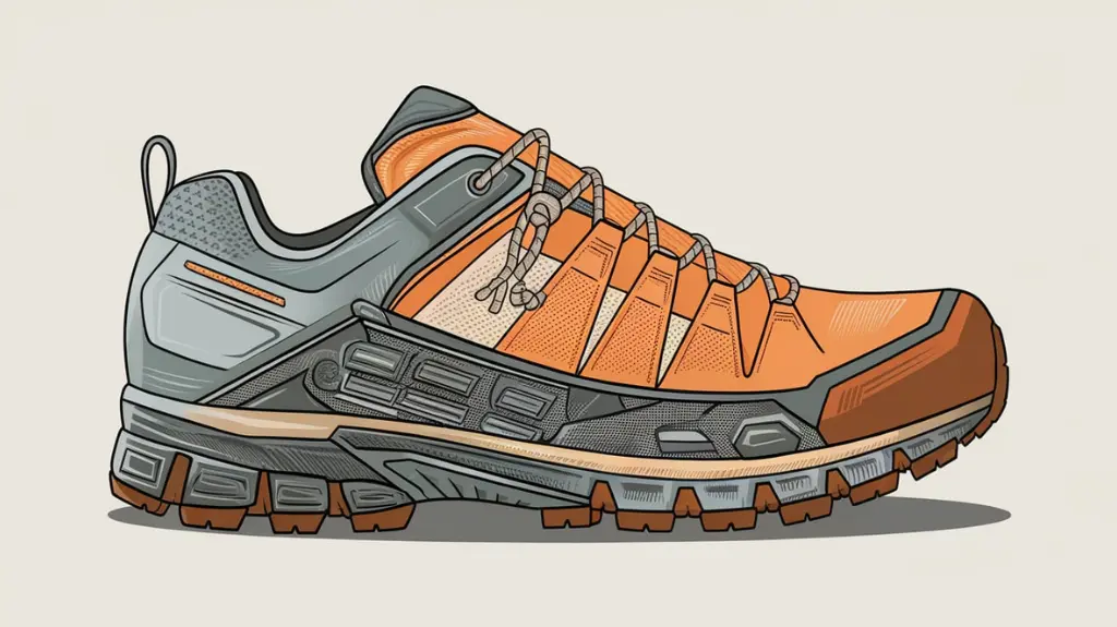 Detailed infographic of backpacking shoe anatomy, showing parts like outsole, midsole, and lacing system essential for hiking.