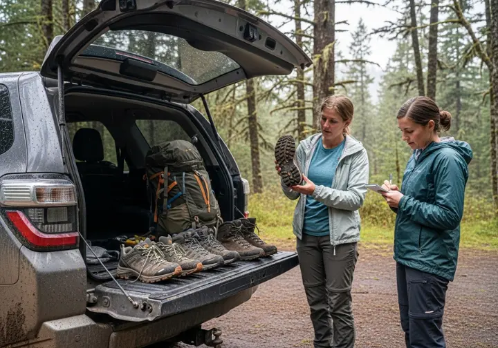 Two people stand at the back of their car, inspecting the soles and wear on several pairs of muddy backpacking shoes.