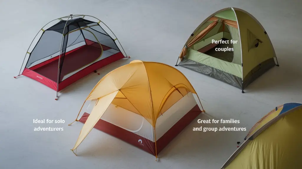 Flat lay of various tent types with labels highlighting their best use cases, from solo to family backpacking adventures.