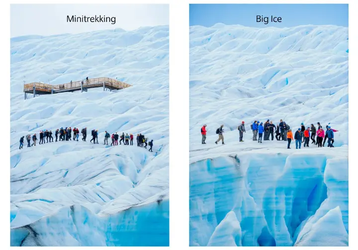 Two distinct groups of hikers on Perito Moreno Glacier, one on a smooth path and another navigating complex ice, breaking down each tour for hikers.