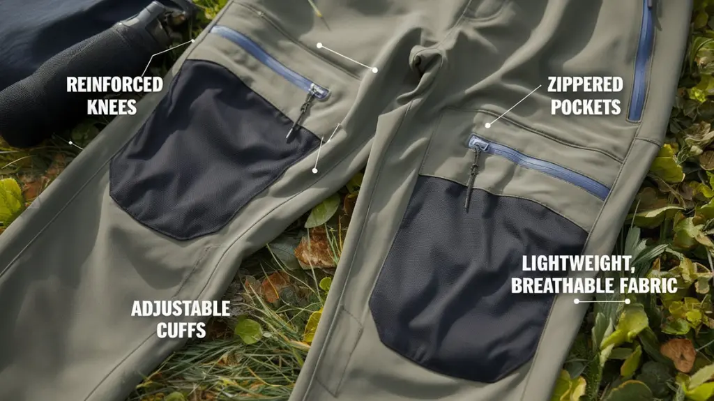 Close-up of hiking trousers highlighting essential features like reinforced knees, adjustable cuffs, and zippered pockets.