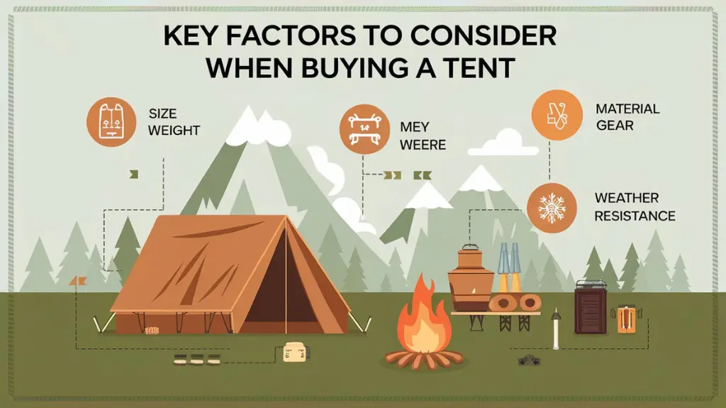 Infographic on key factors for choosing a pop out tent, including size, weight, material, and weather resistance.