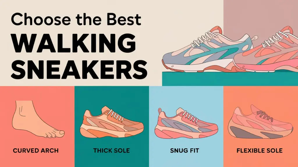 Infographic showing steps to choose the best walking sneakers, including arch support, cushioning, fit, and sole flexibility.