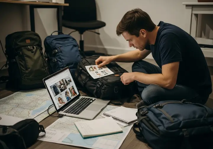 A full-body shot of a person sitting on the floor surrounded by backpacks and a laptop, deeply involved in researching and comparing gear.