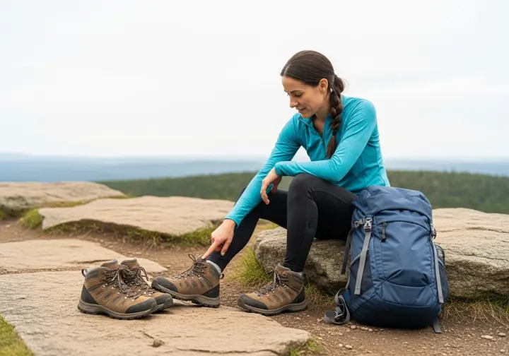 A full-body shot of a woman sitting on a rock, comparing two different hiking boots placed on the ground in front of her.