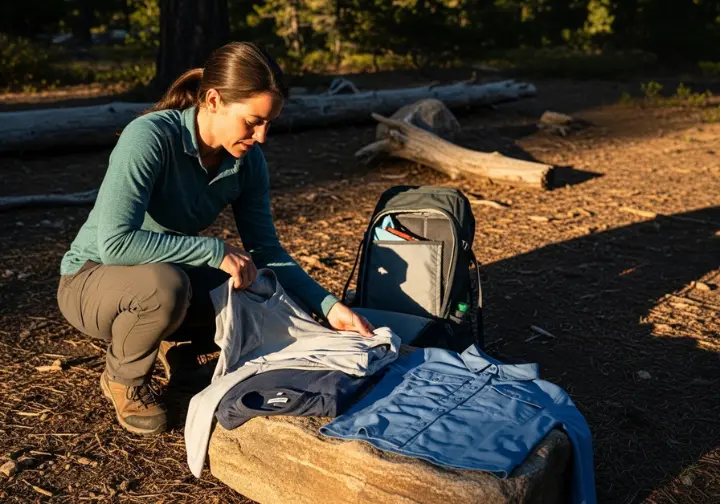 Full-body shot of a woman crouching at a campsite, carefully selecting a hiking shirt from a variety of options laid out on a rock.