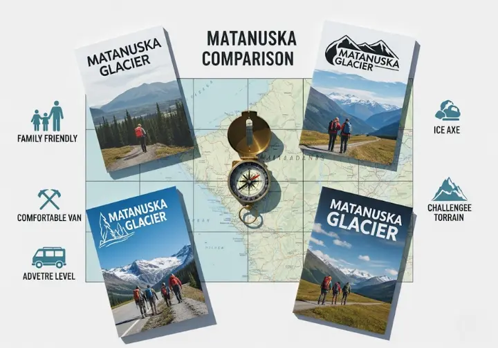 Flat lay showing brochures or symbols of various Matanuska Glacier tour operators on a comparison chart, illustrating a head-to-head comparison of guided tours for hikers.