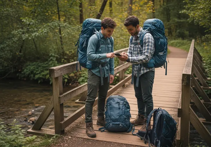 A full-body shot of two hikers on a trail bridge, looking at a smartphone together as if researching.