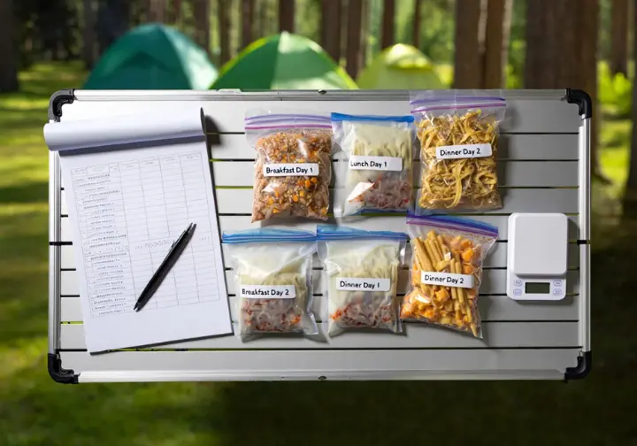 Flat lay of neatly organized, labeled backpacking food bags and a meal plan spreadsheet on a camp table, illustrating meal planning logistics for easy camping meals.