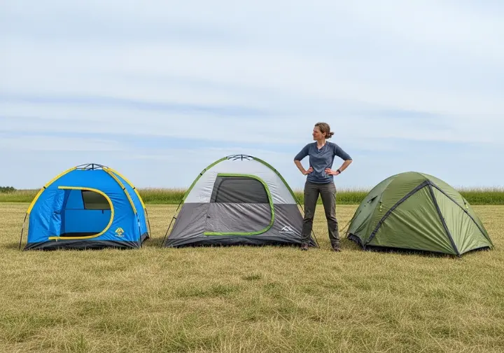A full-body shot of a person standing in a field and looking at a lineup of three different types of set-up tents: a pop-up, an instant cabin, and a backpacking tent.