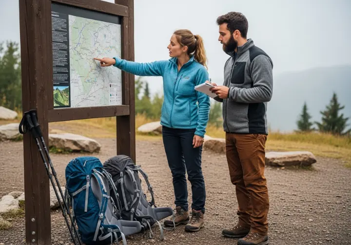 Two hikers in fleece jackets analyze a map at a trailhead kiosk, with their backpacks and trekking poles ready.