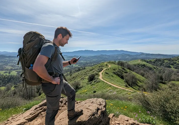 A full-body shot of a hiker paused on a trail, checking their phone to represent the process of testing walking sneakers.